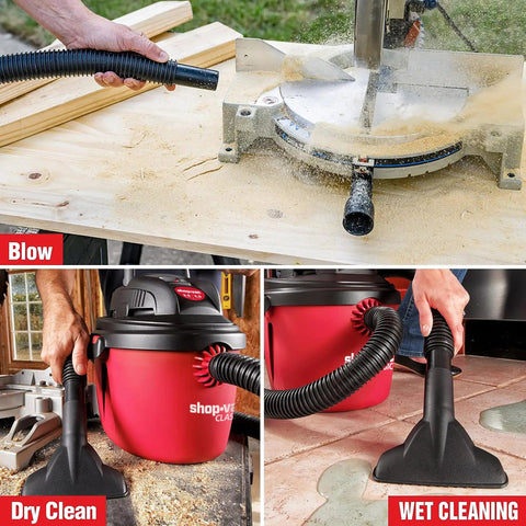 2.5 Gallon 2.5 Peak HP Wet Dry Vacuum Portable Compact Shop Vacuum cleaning sawdust, garage floor, and wet spill.