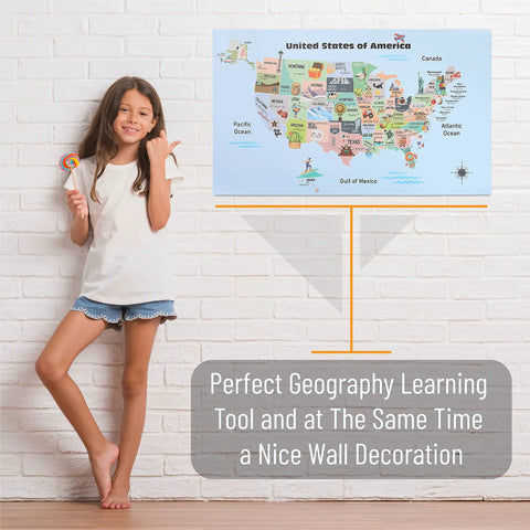 United States Map For Kids Poster Large 24.6 By 14.5 Inches Laminated 200Gsm with child against a wall