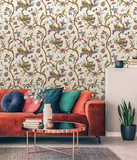Multicolor White Chinoise Exotique Peel And Stick Wallpaper Removable Wall Covering in stylish living room setting with sofa