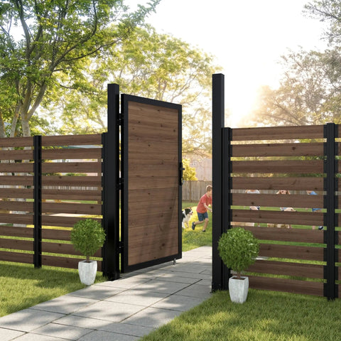 6 Ft By 3 Ft Cedar Wood Fence Gate Kit With Aluminum Frame Privacy Gate Board On Board, Heavy Duty Posts in garden setting