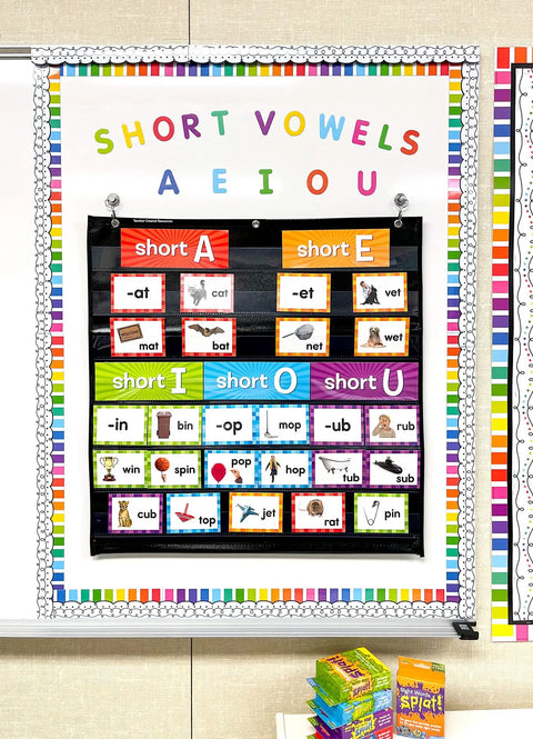 Bulletin board with vowels displayed, surrounded by Squiggles And Dots Magnetic Border For Whiteboards And Metal Surfaces.