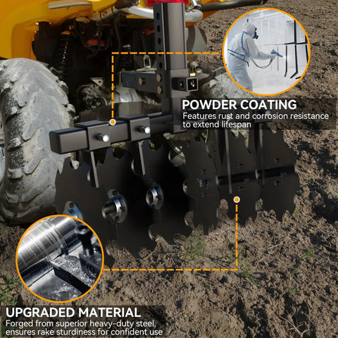 28 Inch Disc Plow Harrow With 2 Inch Receiver For ATV UTV Pull Behind Tiller in use on soil, showing powder coating and material