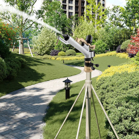 1.5 Inch 360 Degree Impact Adjustable Water Gun Spray Nozzle Set for garden irrigation on tripod, watering greenery.