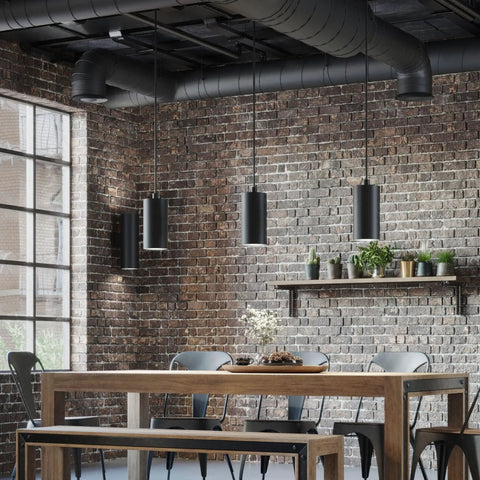 6 Inch Black Outdoor LED Pendant Light Cylinder Style Hang Fixture for Covered Porch and Patio in industrial dining room