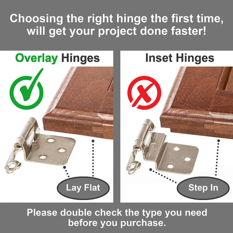 Comparison of overlay and inset hinges for Slick Self-Closing Brushed Nickel Cabinet Hinges For Kitchen Cabinets And Doors.