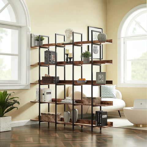 5 Tier Industrial Bookcase With Black Metal Frame Brown Finish Space Saving Storage Organizer For Bedroom Living Room Study Home Office Vintage Vibe Bookshelf To Tidy Your Space Measures 70.9 X 10.2 X 70.7 Inches in living room with decor