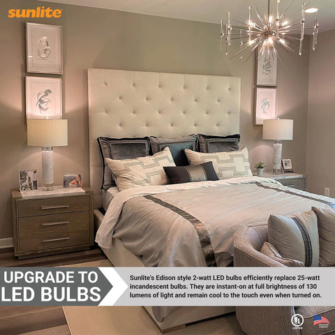 Energy Saving LED Filament T8 Tubular Light Bulb 2W 25W Equivalent Candelabra E12 Base Dimmable Instant On 2700K Soft White 130 Lumens UL Listed 12 Pack in bedroom setting