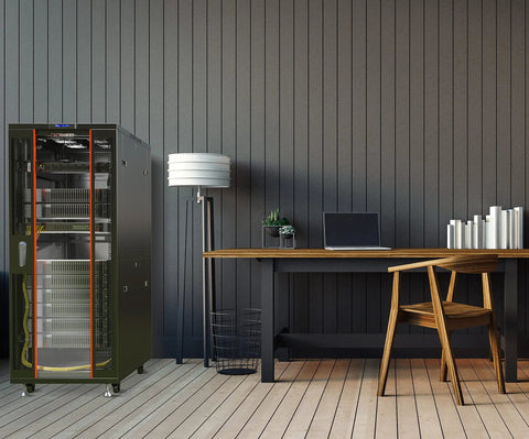Rock Solid 42U Floor Standing Server Rack With Locking Glass Door And Quiet Cooling Fan Heavy Duty 39 Inch Deep Network Cabinet in modern office setting.