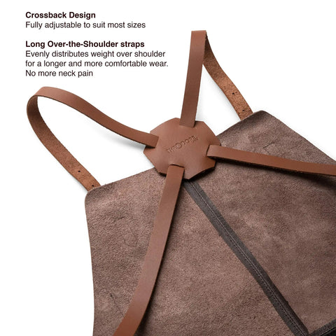 Back view of Genuine Leather Work Apron With CrossBack Straps For Woodworking Carpentry BBQ And Barista Tasks 3 Spacious Pockets