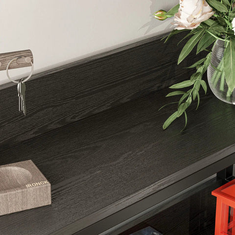 HeavyDuty Metal Frame L Shaped desktop with keys and vase, part of the FiveTier Industrial Corner Bookshelf.