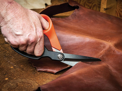 10 Inch Titanium Coated Offset Tradesman Shears For Cutting Leather, Wire, Cardboard Industrial Heavy Duty Utility Scissors Right Hand CW10T in use