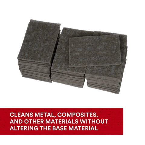 Stack of gray 6x9 inch ultra fine grade hand pads for surface prep and finishing, nonwoven silicon carbide scrub pad, case of 60.