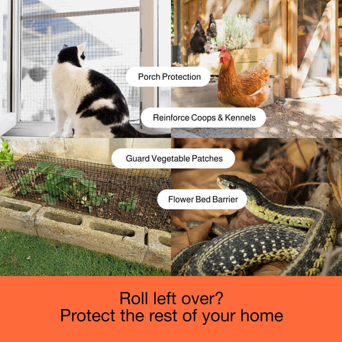 Cat, chicken, vegetable patch, and snake near black PVC coated galvanized steel netting used as Solar Panel Bird Guard Mesh Screen 6 Inch By 120 Foot Black PVC Coated Galvanized Steel Netting For No Fuss Easy DIY Install Includes 80 Clips Scissors And Gloves.