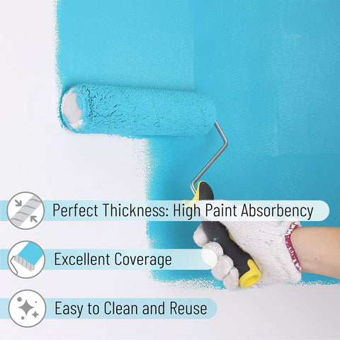 Hand using Paint Roller Kit With Nine Inch Frame And Two Microfiber Covers For Walls Ceilings And Floors One Half Inch Nap Designed For Fast DIY Home Painting Projects With Easy Grip Handle And Smooth Application on blue wall