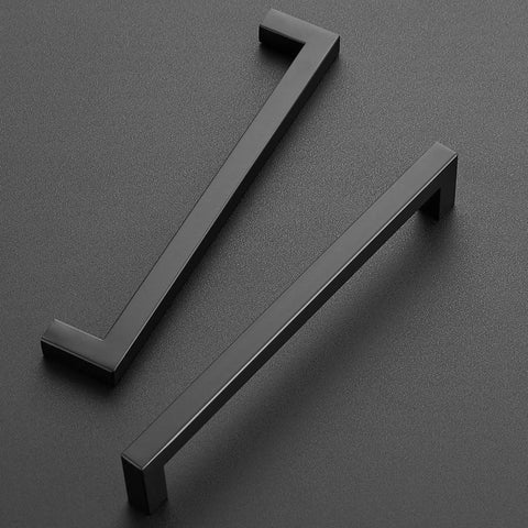 Close-up of 25 Pack Square Cabinet Handles Matte Black Pulls For Cabinets And Drawers Seven And One Half Inch Center To Center Spacing