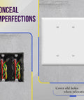 Oversized Two Gang Blank Outlet Cover For Heavy Duty Walls Built Tough With Unbreakable Polycarbonate Thermoplastic UL Listed Gloss White Wall Plate Measuring Five Point Five Inches By Five Point Five Inches No Cutouts against wall.