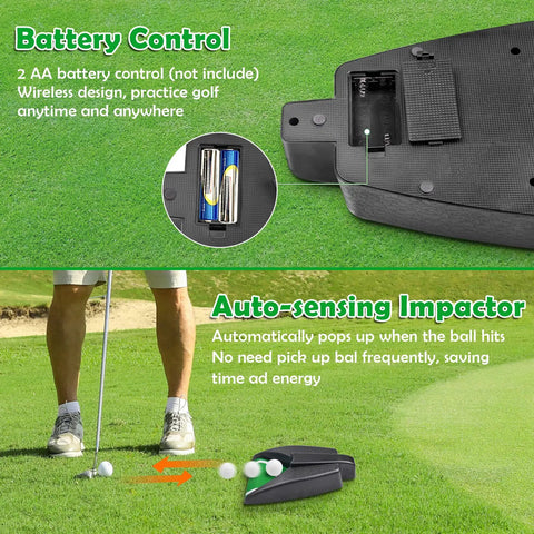Auto Returning Golf Putting Training Aid For Indoor And Outdoor Practice Cordless Battery Powered With Two AA Batteries Not Included Durable Plastic Build Overview