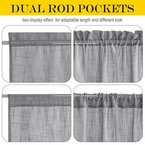 Rustic Semi Sheer Linen Door Curtain With Tieback For French Doors, 26 Inch Wide, 50 Inch Long, Dark Gray, dual rod pockets displayed