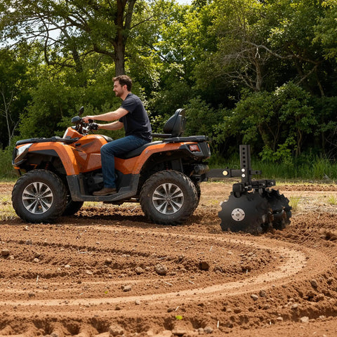 Man using ATV with Heavy-Duty 28 Inch Disc Plow Harrow With Universal 2 Inch Receiver Hitch Pull-Behind Plow