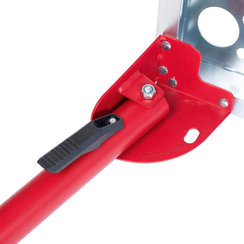 Detail of Heavy Hitter Portable Welding Table Folding Workbench leg clamp with locking mechanism, showing red steel construction.