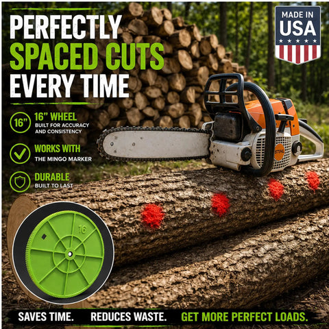 Dead On Firewood Measuring Tool And Log Line Marking Accessory With 16 Inch Rolling Wheel on log with chainsaw for accurate cuts.