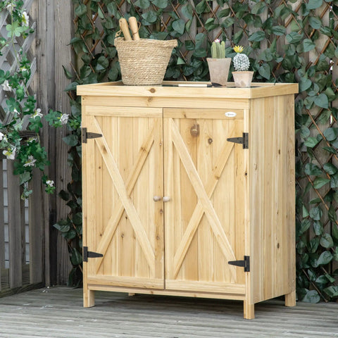 Built Tough 32 Inch Workshop Cabinet With Rust Resistant Galvanized Top And Dual Wooden Shelves For Heavy Duty Tool Chest and Real Deal Farmhouse Garage Storage with open doors.