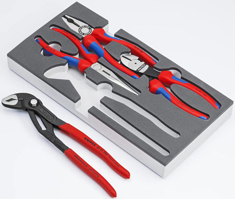 Four Piece Pliers Set With Red And Blue Handles In Foam Tray For Garage Workbench And Tool Cart, Basic V15 Kit