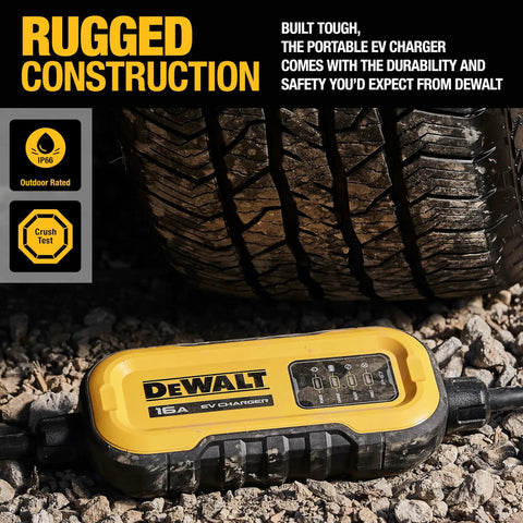 Go To Portable Level 1 And Level 2 EV Charger, 16 Amp, 120 To 240 Volt durable design next to a vehicle tire, outdoor use