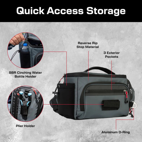 Largemouth 3.0 Fishing Sling Pack Gray with 3600 Quiklatch Tackle Trays, showing pockets and plier holder.