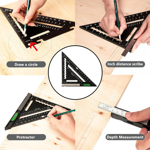 Kickass 7 Inch Rafter Square With Built In Bubble Level Solid Aluminum Carpenter Triangle Layout Gauge For Woodworking Framing and Fast Job Site Marking Rig in use for drawing and measuring on wood.
