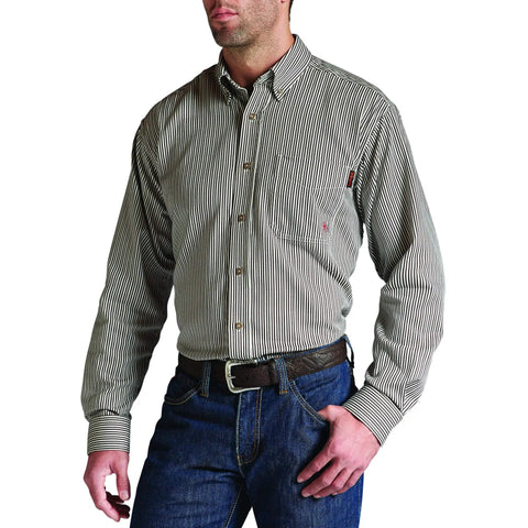 Man wearing Men's Flame Resistant Western Style Button Down Work Shirt Long Sleeve Cotton Nylon Durable Comfort For Construction Trades.