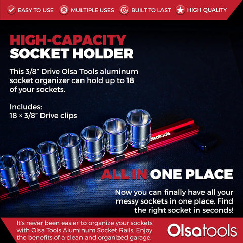 Three Eighth Inch Drive Socket Organizer Red Holder Built To Last Holds Eighteen Sockets Chrome Or Impact With Heavy Duty Rails For Mechanics.