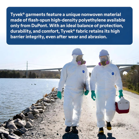 Two people wearing Disposable Protective Coverall With Open Wrists And Ankles White 2X Large by a rocky shore