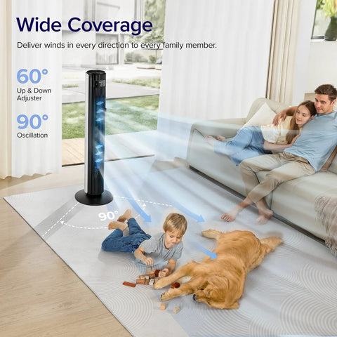 Smooth Operator Tower Fan With Slick Remote And Strong Airflow For Big Rooms Plus Buttery Quiet 12 Speed Settings With Chill 12 Hour Timer and Easy Up Down Angling For Refreshing Summer Breezes Indoors in a living room with a child and dog.