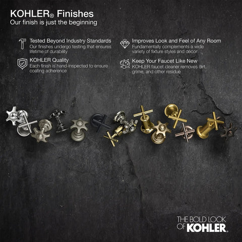 Array of KOHLER faucet finishes against dark background showcasing variety and quality standards.