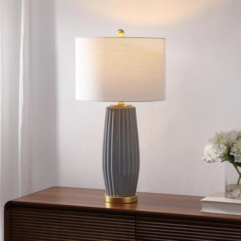 Gray 28.5 Inch Modern Ceramic Table Lamp With Fluted Base And White Linen Shade, Gold Accent, Energy Efficient LED Bulb Included.