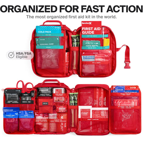 SurviveX Large Pro First Aid Kit opened, red zippered case with labeled pouches and supplies for car, travel, home