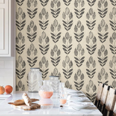 Folk Tulip Peel And Stick Wallpaper Neutral Textured Removable for DIY room makeover on smooth walls in kitchen setting