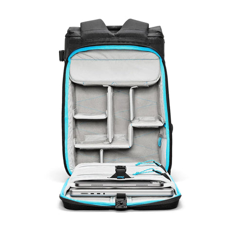 City Commuter Camera Backpack With 18 Liter Rolltop Closure, interior view with padded sleeves for laptop and tablet, compartments visible