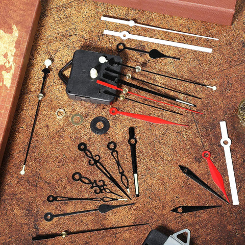 High Torque Quartz Clock Movements Replacement Kit With Long Shafts 6 Pcs DIY Clock Repair Set 8 Pairs Of Clock Hands Brass Washers And Nuts Included 16 mm Shaft Length Easy To Customize And Fix Your Timely DIY Projects shown with clock hands and fixings on a table.