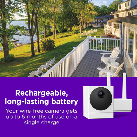 Outdoor Security Camera Weatherproof IP65 Wireless 1080p HD Night Vision With Motion Detection Works With Alexa And Google Assistant Base Station Included Renewed, shown with a deck view.