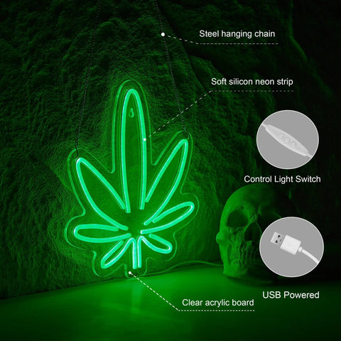 Lit Cannabis Leaf Neon Sign for Wall Decor with Dimmable USB LED Light Hemp Leaf Bar and Man Cave Accent 38x33 cm