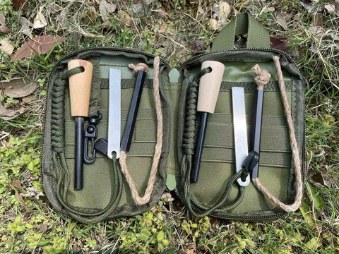 Flint And Steel Fire Starter Kit With Ferro Rods And Magnesium, Ready For Any Outdoor Adventure, A Real Camping Hack For Emergency Fires, Includes Tinder Wick Rope Waxed Hemp Tinder, Multifunctional Outdoor Bag In Green displayed open