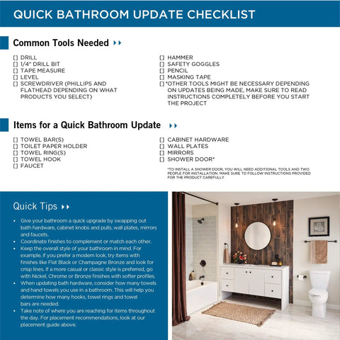 Quick bathroom update checklist featuring tools, tips, and a modern bathroom image with white cabinets and a round mirror.