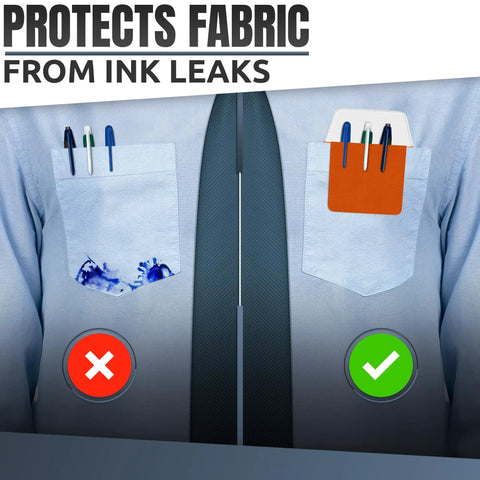 Comparison of ink-stained shirt pocket and clean pocket with Multi Color Pocket Protectors For Pens And Pencils, Ink Leak Guard For Shirts.