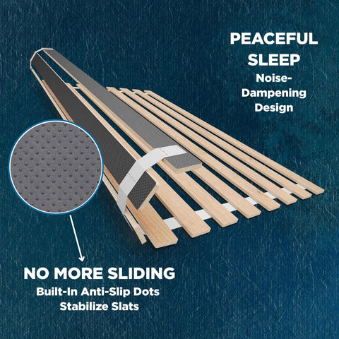 Queen Bunkie Board with Vertical Wood Slats Box Spring Replacement Reinforces Weak Frames Creates Solid Platform Foundation Zero Flex Heavy Duty 60x80 showing noise-dampening design and anti-slip features.