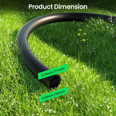 Close-up of black 100 Ft Half Inch Drip Irrigation Tubing Mainline Hose on grass, showing diameter dimensions.