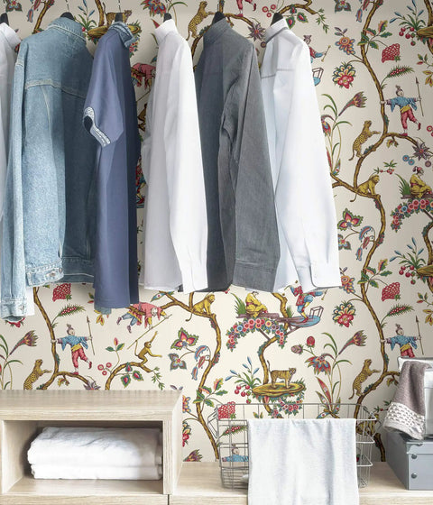Multicolor White Chinoise Exotique Peel And Stick Wallpaper Removable Wall Covering For A Quick Room Makeover 20.87 In By 18 Ft