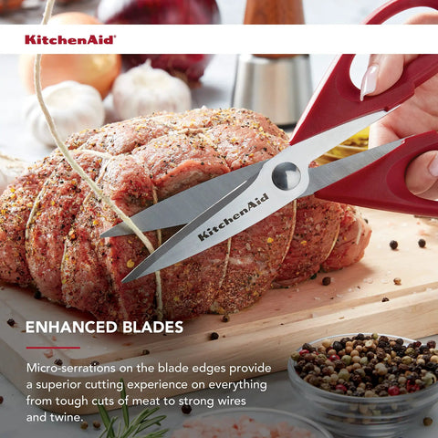 Top Shelf All Purpose Kitchen Shears With Protective Sheath Ridiculously Sharp Stainless Steel Blades Dishwasher Safe Cozy Comfort Grip Perfect For Snappy Meat Veggie And Packaging Cuts cutting through seasoned meat with micro-serrated blades.