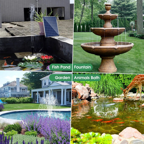 Collage of Beefy 25W Solar Fountain Pump with 340GPH flow used in fish pond, garden fountain, backyard, and animal bath.
